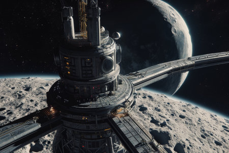 Futuristic space elevator connecting Earth to the moon AI generatedの素材