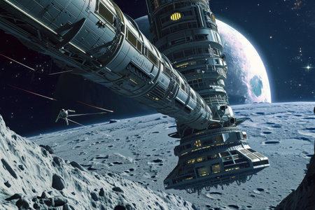 Futuristic space elevator connecting Earth to the moon AI generatedの素材