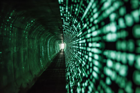 Infinite tunnel of binary code representing matrix AI generatedの素材