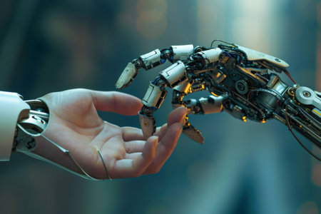 Interaction of human and robot hands AI generatedの素材