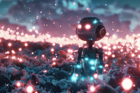A glowing robot surrounded by a field of floating, luminous particles AI generatedの素材