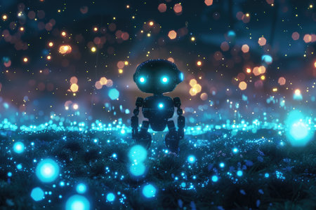 A glowing robot surrounded by a field of floating, luminous particles AI generatedの素材