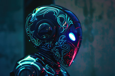 A glowing robot with intricate circuit patterns visible beneath its translucent casing AI generatedの素材