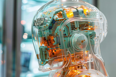 A glowing robot with intricate circuit patterns visible beneath its translucent casing AI generatedの素材