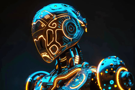 A glowing robot with intricate circuit patterns visible beneath its translucent casing AI generatedの素材