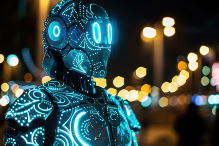 A glowing robot with intricate circuit patterns visible beneath its translucent casing AI generatedの素材