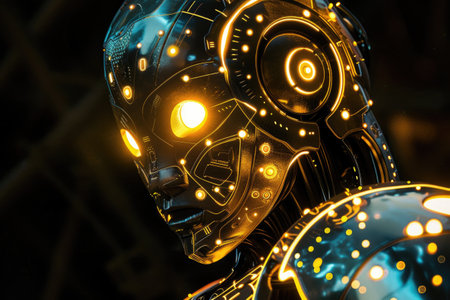 A glowing robot with intricate circuit patterns visible beneath its translucent casing AI generatedの素材