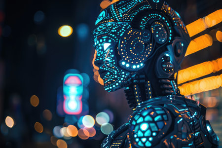 A glowing robot with intricate circuit patterns visible beneath its translucent casing AI generatedの素材