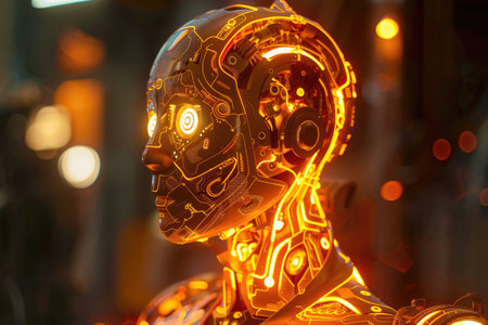 A glowing robot with intricate circuit patterns visible beneath its translucent casing AI generatedの素材