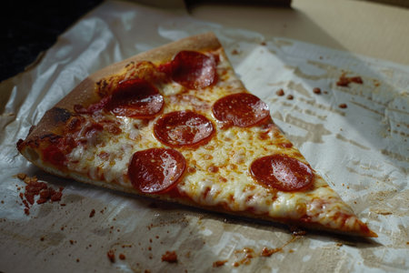A greasy slice of pepperoni pizza AI generatedの素材