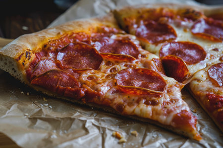 A greasy slice of pepperoni pizza AI generatedの素材