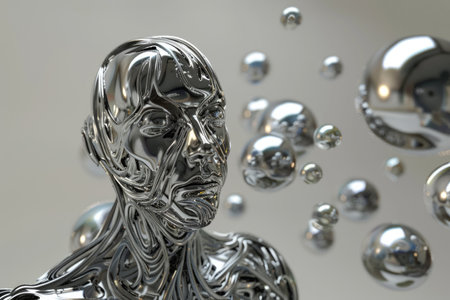 A metallic robot with radiant orbs floating around its form AI generatedの素材