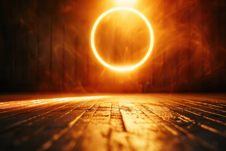 abstract scene of a luminous ring on a dark wooden floorの素材