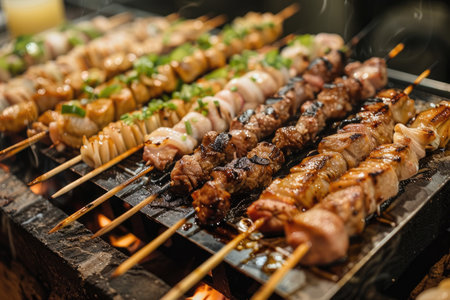 A row of perfectly grilled skewers AI generatedの素材
