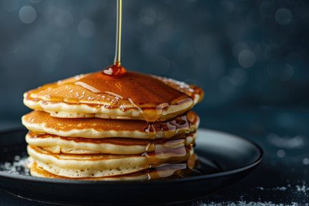 A stack of fluffy pancakes dripping with syrup AI generatedの素材
