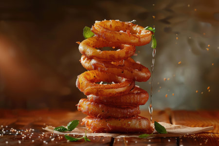 A towering stack of onion rings AI generatedの素材