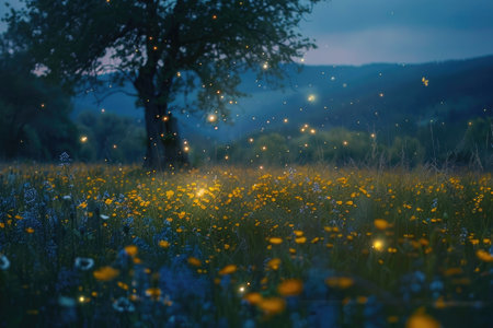 Firefly-lit meadow with a serene atmosphere AI generatedの素材