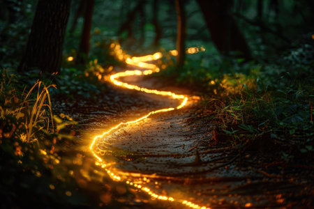Glowing trails of light winding through the darkness AI generatedの素材