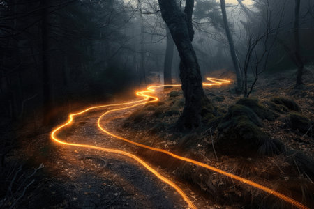 Glowing trails of light winding through the darkness AI generatedの素材