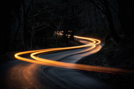 Glowing trails of light winding through the darkness AI generatedの素材