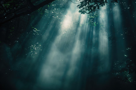 Intense beams of light cutting through the darkness AI generatedの素材