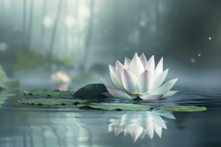 Lotus flower emerging from still water AI generatedの素材