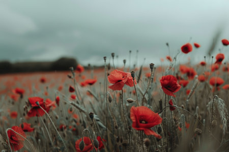 Red poppies swaying in a field AI generatedの素材