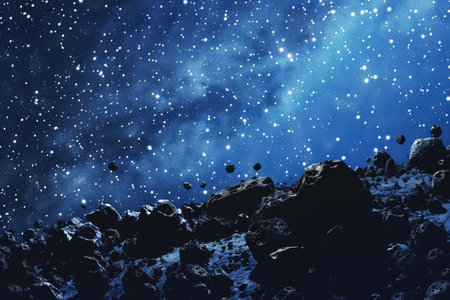 The silhouette of a distant asteroid field against a backdrop of stars AI generatedの素材