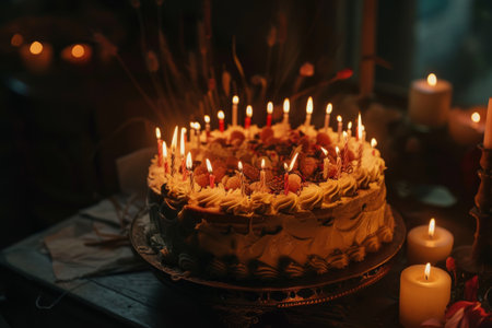 A cake covered in candles, glowing with warmth Ai generatedの素材