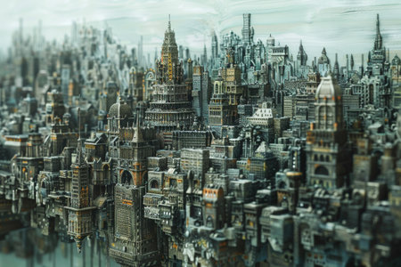 A detailed and intricate cityscape with layers of buildings and structures AI generatedの素材