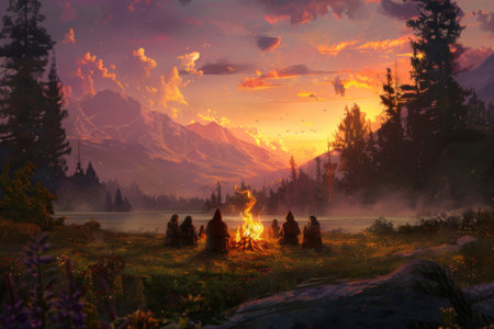 A peaceful scene of friends gathered around a campfire AI generatedの素材