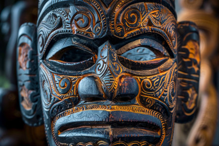 A mask with intricate carvings and patterns --ar 3:2 Job ID: b1aeb225-85fd-4e1c-8835-72ef00ea837bの素材