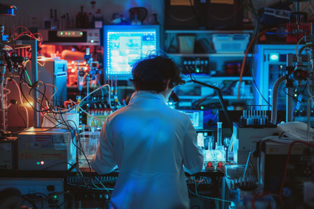A researcher surrounded by scientific equipment and tools --ar 3:2 Job ID: e7fd4c6e-4780-4935-8858-f6aed9fc50b7の素材