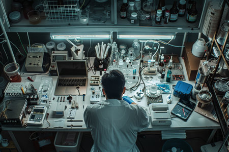 A researcher surrounded by scientific equipment and tools --ar 3:2 Job ID: f4a87df8-165d-4ecf-834b-2d46b602e7cbの素材
