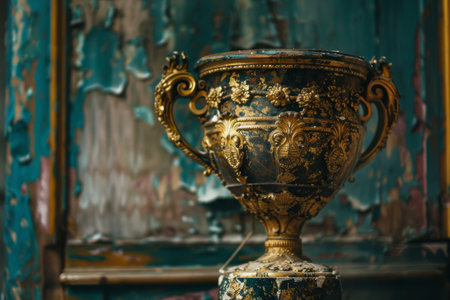 An antique golden trophy with a weathered patina. --ar 3:2 Job ID: bd227949-cfdd-43f0-b07e-50360b45e286の素材