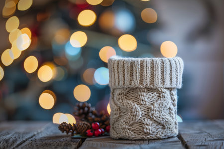 Cozy knit sweater koozies with bokeh effect, AI generatedの素材