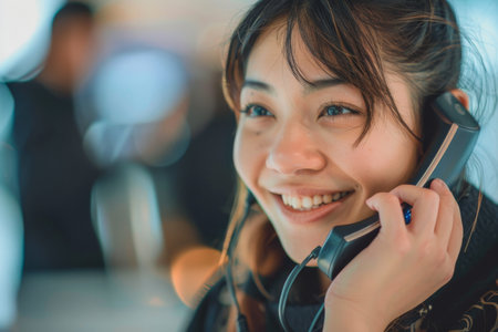 Smiling customer service representative assisting a customer over the phone with bokeh effect --ar 3:2 Job ID: 948ab649-8833-4dc7-a3d6-4bb45e149929の素材