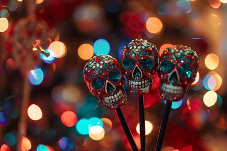 Sugar skull drink stirrers with bokeh effect --ar 3:2 Job ID: 02b2d242-4525-4c25-8e1d-eb60b99b4503の素材