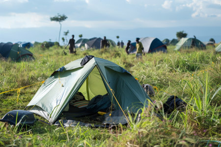 Tents and tarps set up in open spaces --ar 3:2 Job ID: 6d5b042d-0680-4e5d-bac3-4aac56115d4aの素材