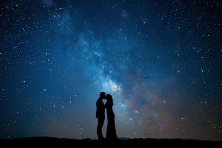 A happy duo sharing a kiss under a starry night sky.. --ar 3:2 Job ID: 84615a66-2b4e-4252-b007-c7a4c604ea0fの素材