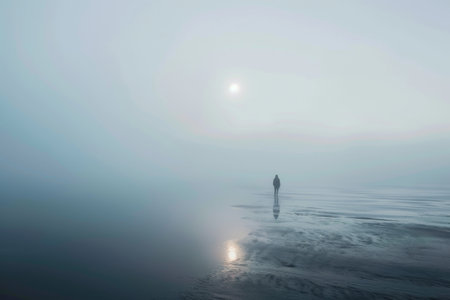 A lone figure walking through the fog --ar 3:2 Job ID: 14848f93-46a4-4783-a3a2-db238ad52648の素材