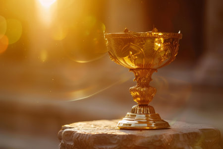 The prestige of a golden trophy on a winner's podium. AI generatedの素材