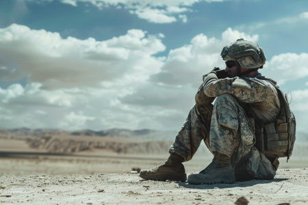 A soldier sitting alone, looking exhausted and contemplative --ar 3:2 Job ID: c039008b-9589-4391-9d8b-c9ce357ccf94の素材