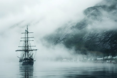 A ship emerging from the foggy harbor --ar 3:2 Job ID: cd66bf50-6541-4454-960a-3bf2250a8257の素材