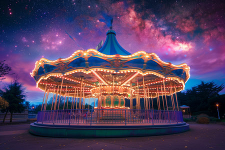 A colorful carousel spinning under a starry night sky --ar 3:2 Job ID: c1ea02a1-0c27-4a48-a7dd-36376c707935の素材