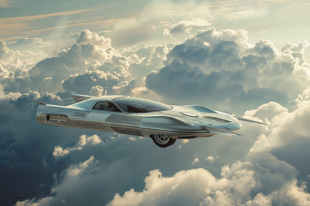 A flying car with advanced propulsion technology soaring through the sky AI generatedの素材