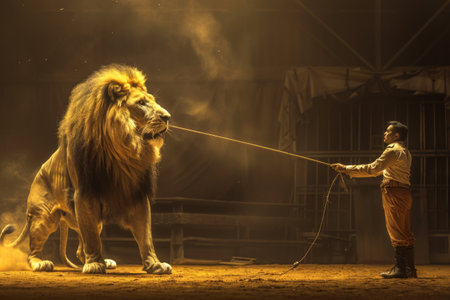 A lion tamer commanding a majestic beast with a whip --ar 3:2 Job ID: 0649f198-a8e7-4f03-95f1-d8277c27db04の素材