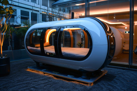 A teleportation pod revolutionizing travel by instantly transporting passengers to their desired location. --ar 3:2 Job ID: f4a6b114-992d-40cd-9fb1-be91039e987bの素材