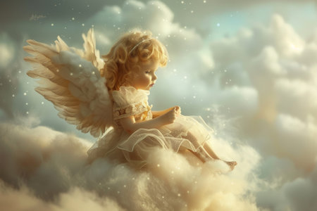A tiny angel sitting on a fluffy cloud --ar 3:2 Job ID: fd230810-428f-4d70-ad79-8eb349ee0665の素材