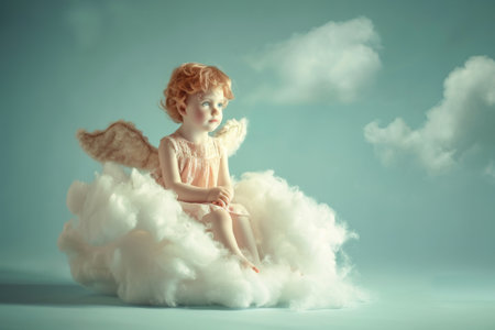 A small angel sitting on a fluffy cloud --ar 3:2 Job ID: fcabf1a8-8fe8-41a3-b787-6b8cce276888の素材